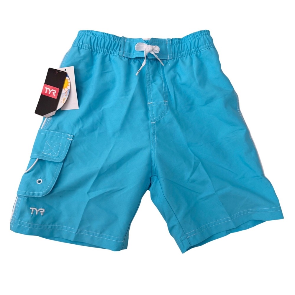 256. New TYR Boys Swim Trunks Light Blue Cargo Pocket UPF 50+ Board Shorts S 6/7